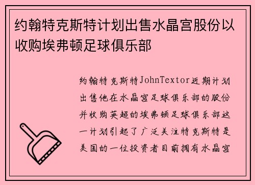 约翰特克斯特计划出售水晶宫股份以收购埃弗顿足球俱乐部
